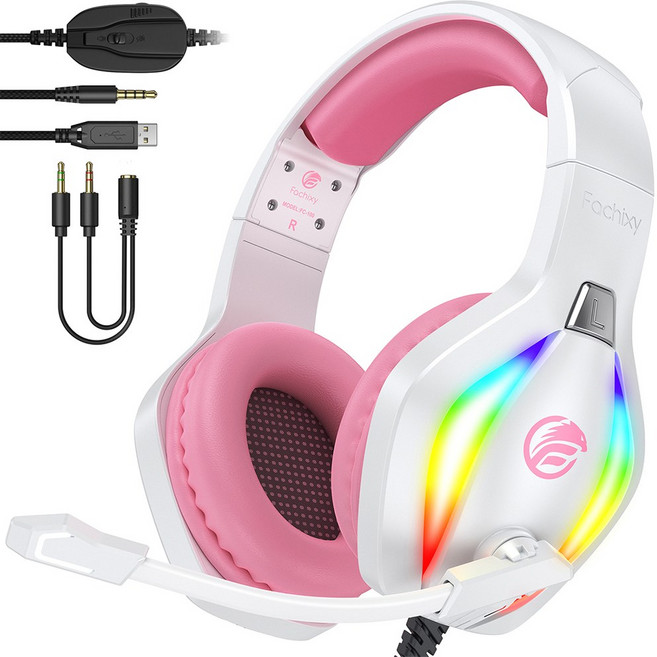 파치시 게이밍 헤드셋 노이즈 캔슬링 마이크 FC100, 화이트핑크