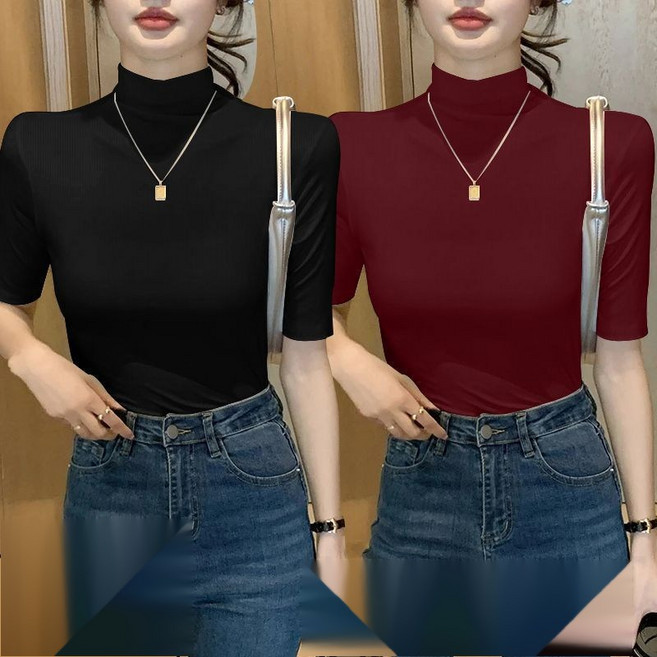 해피유통 여성 1+1 봄여름 5부티 슬림 반폴라 톱 jhfxx