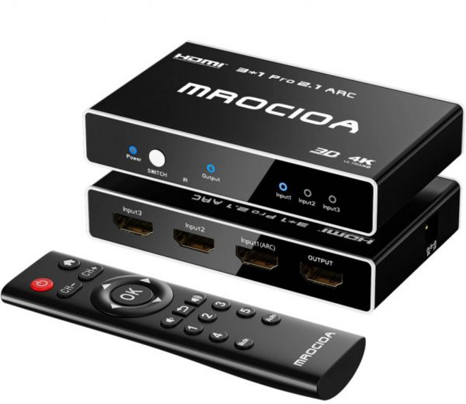 3포트 HDMI 2.1 스위치 8K 4K 120Hz/HDCP2.3/MF 리모컨/iOS 앱/ARC 자동 켜기/eARC/Alm/Vrr/CEC/HDR10+/Dolby Vision., HDMI 2.1 스위치 3 in 1 출력 8k 60Hz