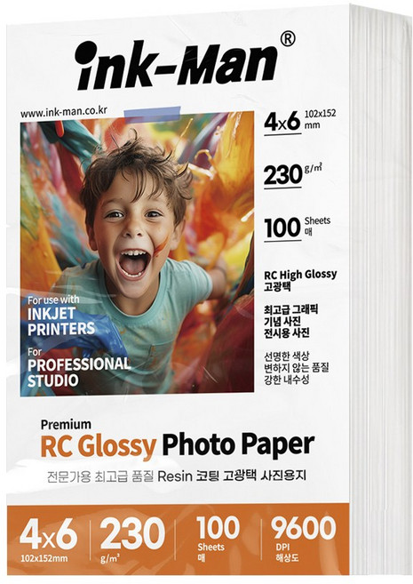 잉크맨 RC용지 고광택 프리미엄 사진 인화지 사진관 전문가용 포토용지 4x6 / 5x7 / A4 / 11R / A3 230g, 100매