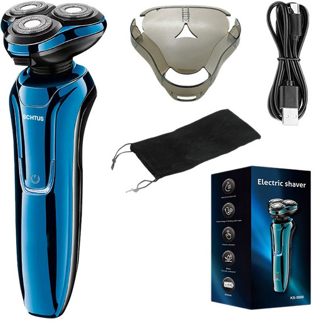 Schtus 전기면도기 3중날 IPX7 완벽방수 프리미엄 3in1 면도기 세트 코털 트리머 구렛나루정리 C타입충전식, 블루, KS0242