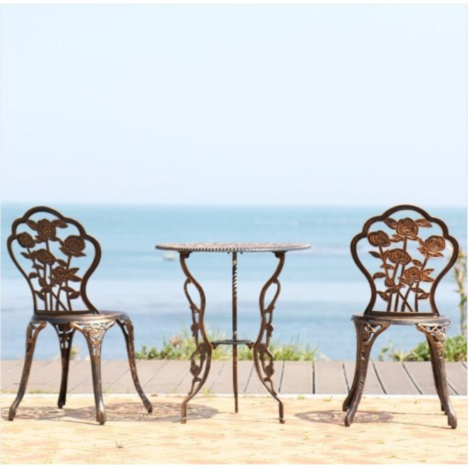 장미 주물 2인용 야외용 테이블 의자 세트 테라스 정원 카페, 브론즈