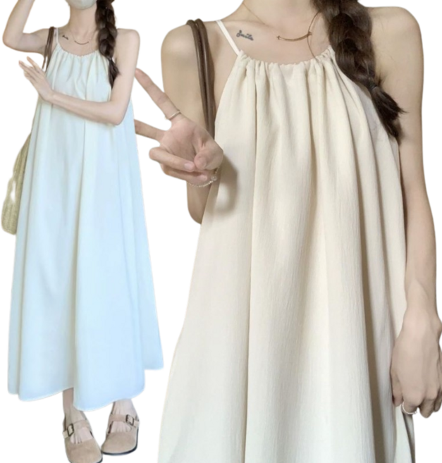 BLK 하늘하늘 여성 휴양지 롱 원피스 민소매 홀터넥 a라인