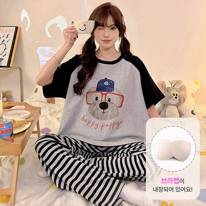 드마엘_아코 캡내장 반팔 긴바지 잠옷 파자마 홈웨어 상하세트 (9color)브래패드 이너패드 잠옷