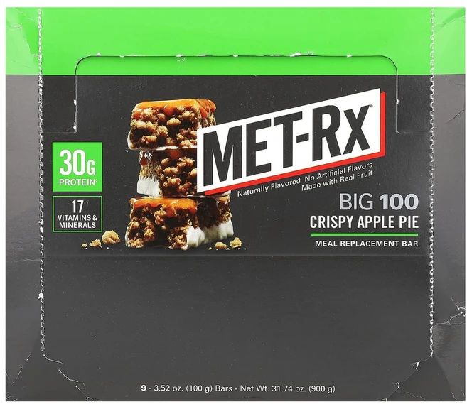 Metrx 빅 100 식사 대용 바 크리스피 애플 파이 9개 각 3.52 oz (100 g), 1개 MET-Rx, 빅 100, 식사 대용 바, 크리스, 1개, 900g - 쿠팡