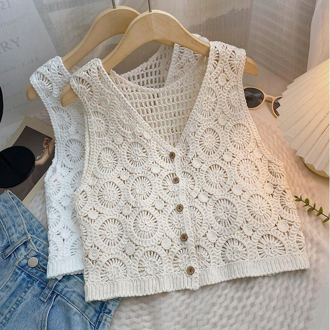 여성 브이넥 그물 니트 레이스 뜨개 조끼 펀칭 꽃자수 라운드넥 루즈핏 봄여름 베스트 조끼