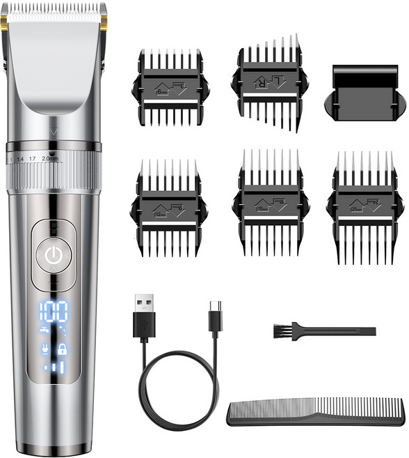 LifeSync 전문가용 세라믹 이발기 방수 저소음 LED 빗살캡 8종세트, 실버