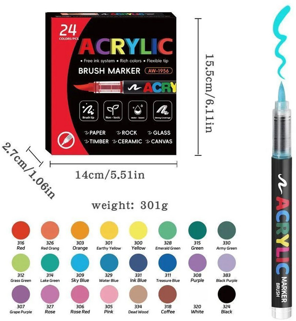 ACRYLIC 丙烯毛筆馬克筆 學生美術專用 無毒水洗, 1個, 【升級品質】24色套裝/精準控墨/免按壓