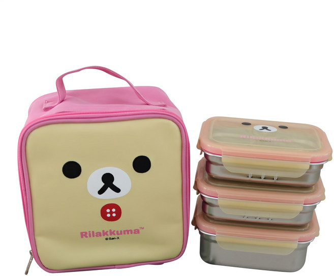리락쿠마 아동용 가방 3단 스텐 얼굴 도시락, 핑크, 1세트