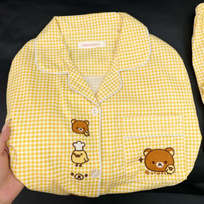 다이슝 리락쿠마 체크 파자마 세트 긴 소매 긴 바지 편한 홈웨어 외출착용 세트