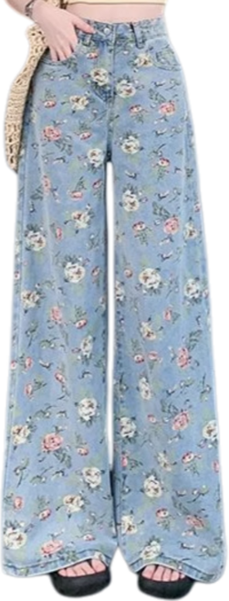 Makone 여성 하이웨스트 플라워 프린트 와이드 스트레이트 데님 팬츠