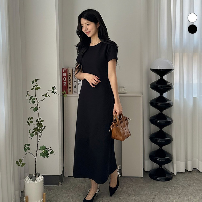 디테일웨어 여성 샤인 롱기장 원피스 키큰녀 라운드넥 반팔 플레어 원피스 신축성좋은 단정한 하객룩 오피스룩