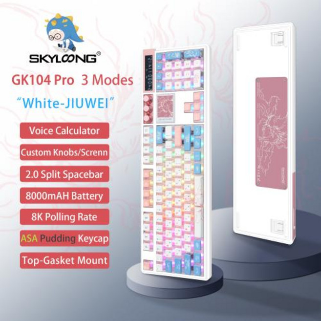 접이식 키보드 SKYLOONG GK104 Pro 풀사이즈 3모드 Bluetooth 무선 기계식 3.0 LED 화면 사용자 정의 가능한 손잡이 3개 RGB 백라이트 핫스왑 가능 PB, Silent Ruellia, White-JIUWEI-ASA, 적축