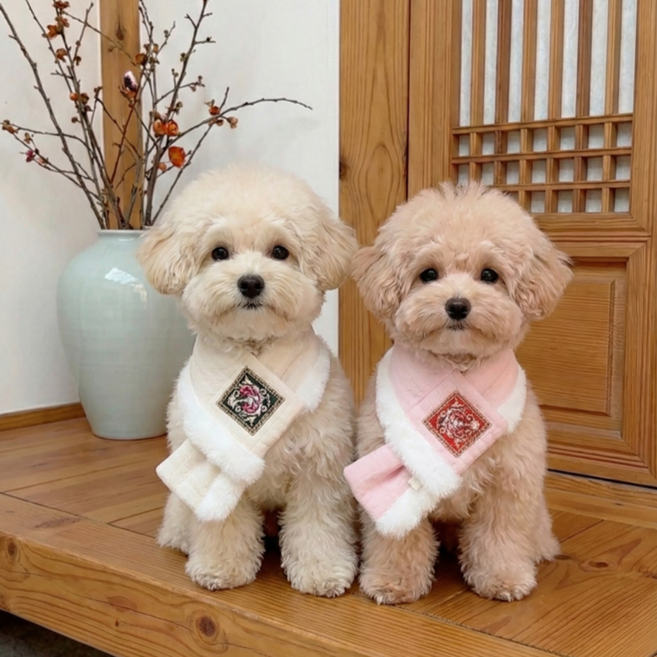 강아지 한복 누빔 목도리 설날 새해 케이프 반려동물 털목도리 명절 스카프, 베이지S, 1