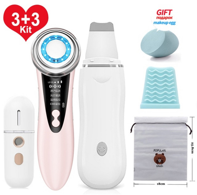 가정용 고주파 마사지기 바디 얼굴 각질 제거기 피부 탄력 리프팅 초음파 스킨 스크러버 페이스 마사지 블랙 헤드 리무버 3+3 키트 페이스 클리너 모공 클리너 딥 페이스 케어, Style 3