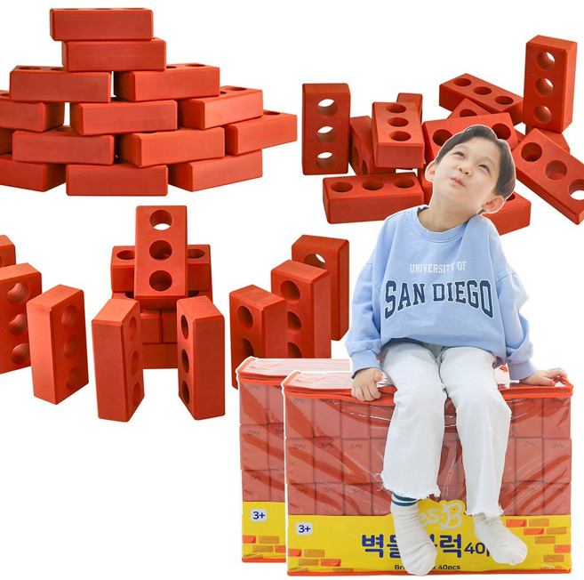 진짜같은 대형 소프트폼 벽돌블럭 80p세트 유아 유치원 빅블록, 1개, 빨간벽돌80p