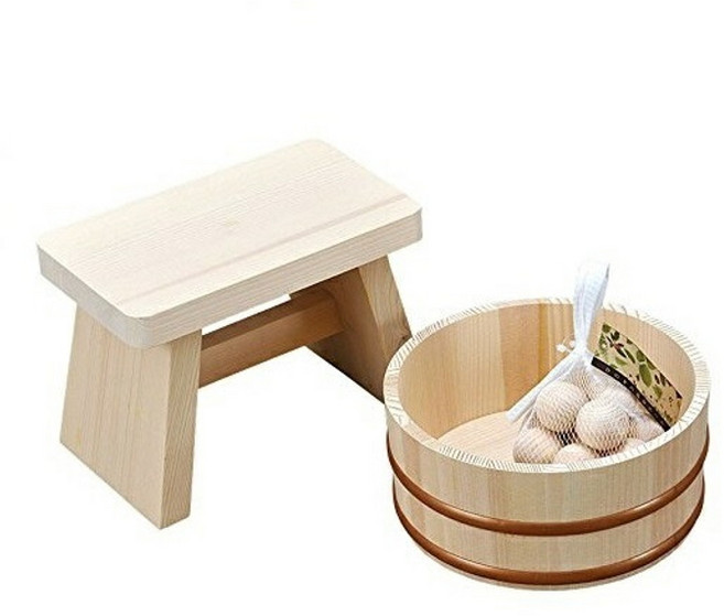 Yamaco 야마코 일본 공방 히노키 편백나무 목욕 의자 바가지 세트, Free