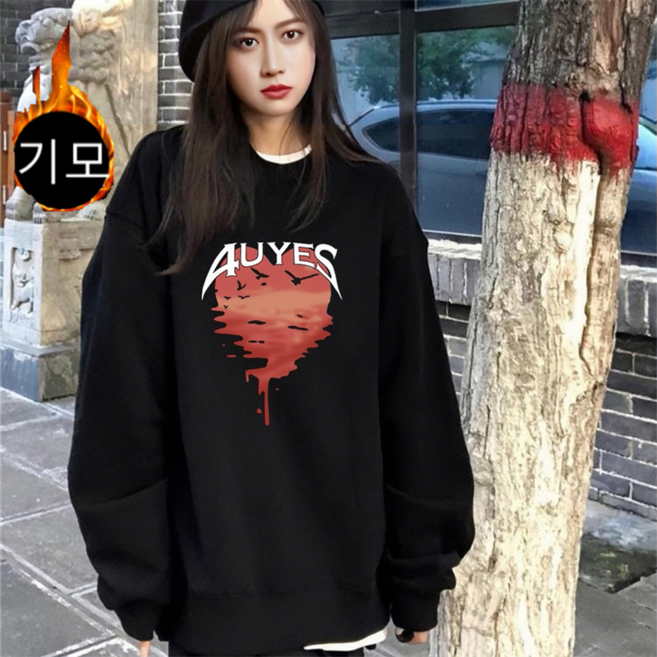 YI MING 블랙 맨투맨 여성 루즈핏 기모 커플 빅사이즈 트레이닝 티셔츠 F24