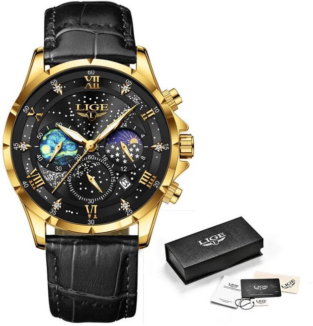 크리에이티브 별이 빛나는 밤 시계 문 페이즈 쿼츠 손목시계 벨트 방수, 1개, 색상: 5. Gold black