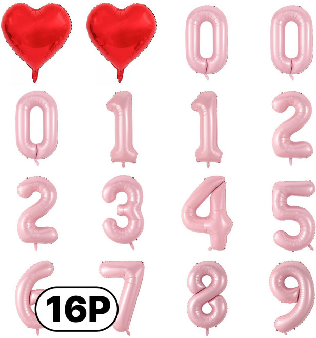스마일파티 미니 소형 은박 숫자 번호 풍선 16P 하트 새해 생일 기념일, 1세트, 캔디핑크16P