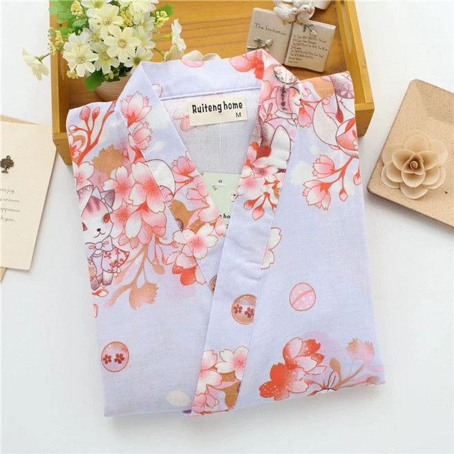 가을용 수면 유카타 잠옷 로브가운 일본 홈웨어 봄 기모노, J. 보라색 고양이 가운여성용