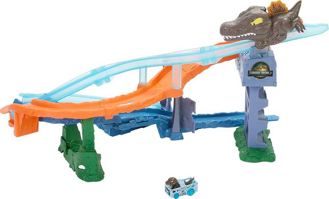 Hot Wheels 장난감 자동차 트랙 세트 RacerVerse 쥬라기 월드 크래시 & 스플래시 놀이 세트 다이캐스트 벨로시랩터 차량 포함 스피노사우루스와 공룡 레이스, Hot Wheels 장난감 자동차 트랙 세트, Race