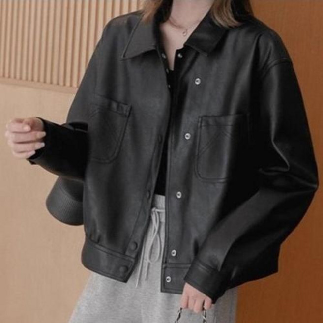 에쥬아 여성 크롭 가죽 자켓 가을 간절기 숏 코트 아우터