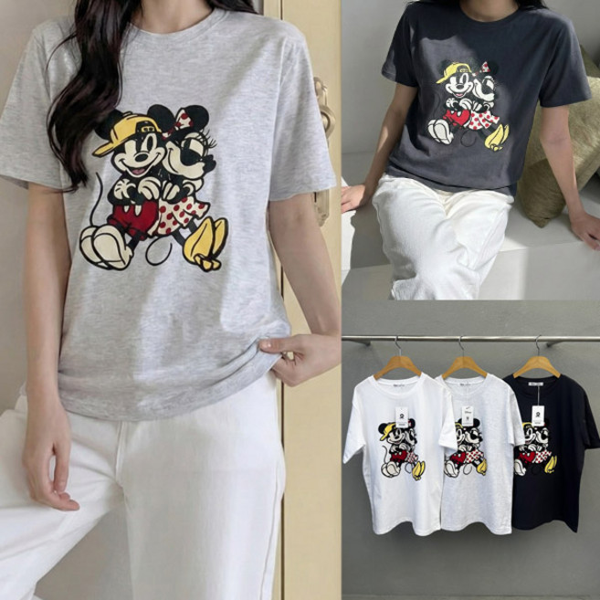 여자 오버핏 레트로 생쥐 반팔 티셔츠 캐주얼 캐릭터 커플티