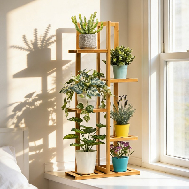 쿠리브 거실 화분 거치대 인테리어 다용도 선반 정리대, 5단, 원목색