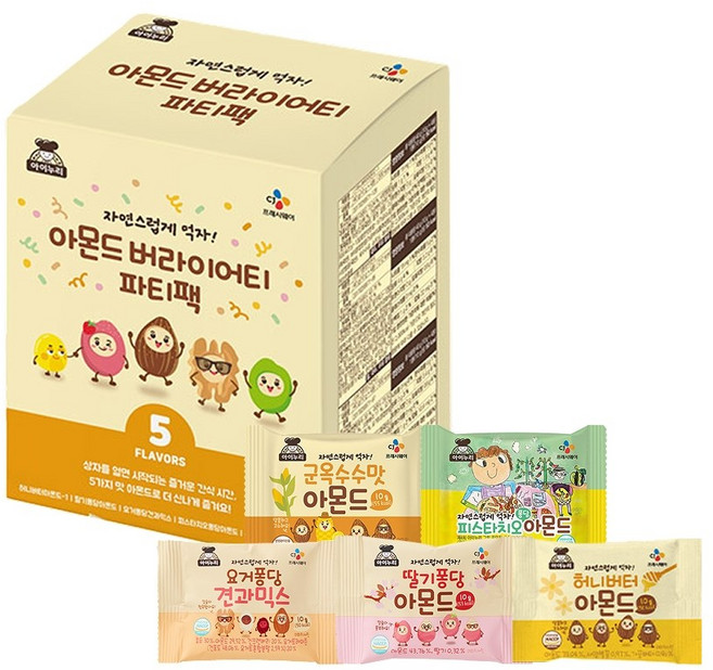 아이누리 5가지맛(군옥수수 허니버터 딸기퐁당 요거퐁당 피스타치오) 아몬드 파티팩, 1개, 220g