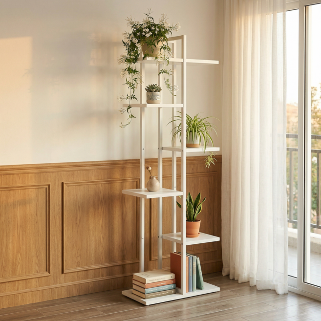 나인홈 철재 스탠딩 선반 화분 정리대 인테리어 거치대 수납 책장, 화이트, 6단