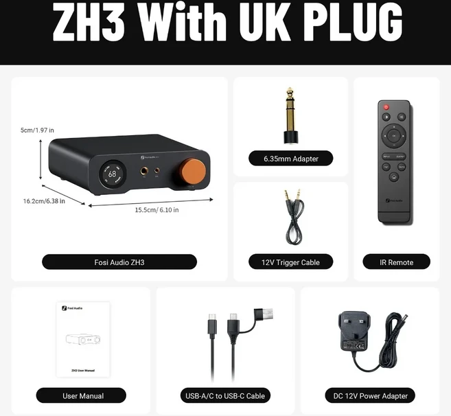 Fosi Audio ZH3 HIFI 헤드폰 앰프 AKM4493SEQ 데스크탑 DAC 완전 밸런스드 프리앰프 리모컨 포함 12V 트리, 01 UK Plug
