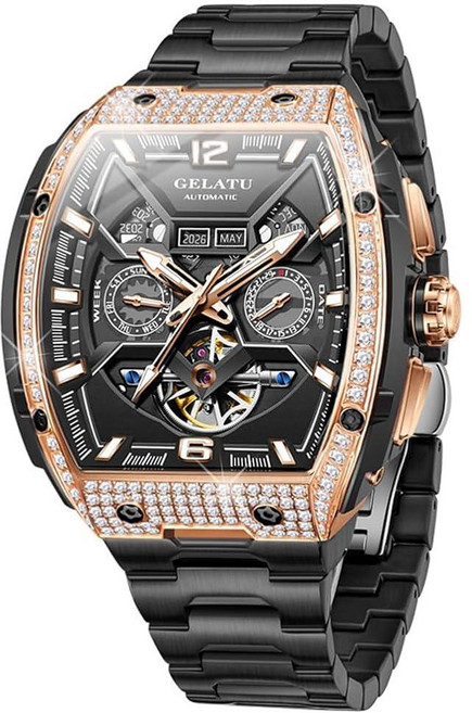 OLEVS 남성용 오토매틱 시계 다이아몬드 스켈레톤 기계식 오리지널 럭셔리 셀프 와인딩 문 페이즈 캘린더 방수 손목 남성용 G6016: 블랙 밴드 & 다이얼 선물 비즈니스, OLEVS 남성용 오토매틱 시계 다이아몬드 스켈레톤 기