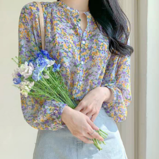 해피인뉴 여성 플라워 포인트 블라우스 데이트룩 하객룩