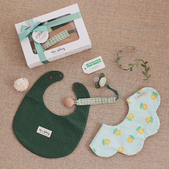 [출산백일선물] 우이동금손 베리베리 데이 턱받이&쪽쪽이 클립3종 기프트세트 [포장+쇼핑백세트], 1개, 그린세트, 3개입