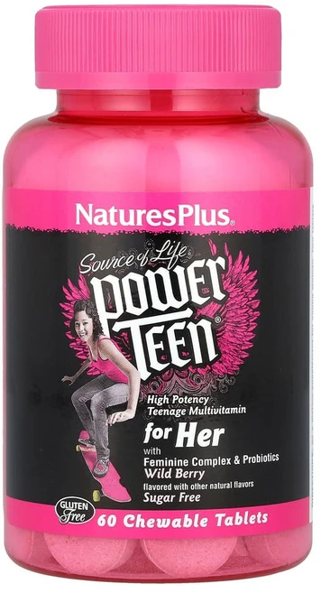 네이쳐스플러스 Source of Life Power Teen 여성용 무설탕 산딸기 향 츄어블 정 60정, 1개 - 쿠팡