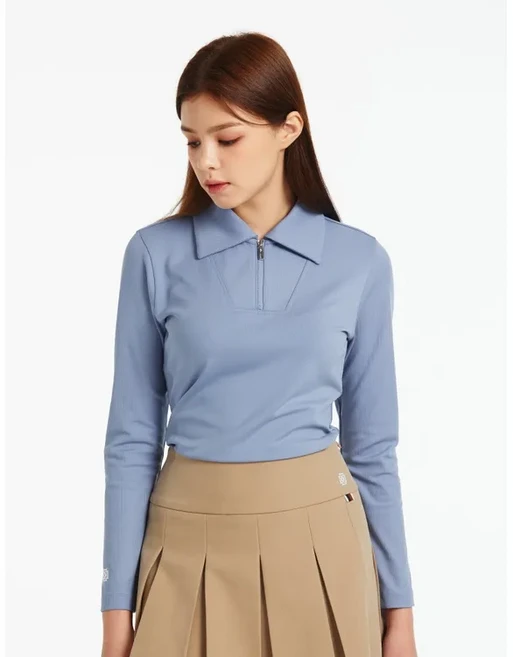 닥스골프 여성 블루 골지 소재 반집 긴팔 카라 티셔츠