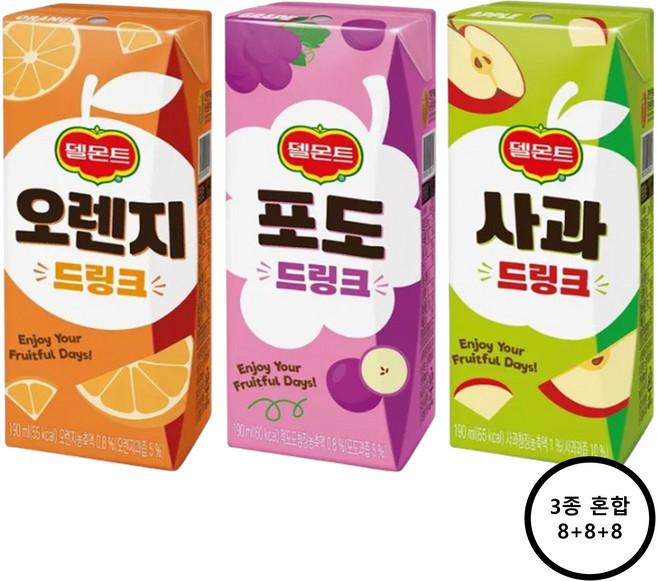 델몬트드링크 팩음료 190ml 24입 (오렌지8+포도8+사과8), 24개