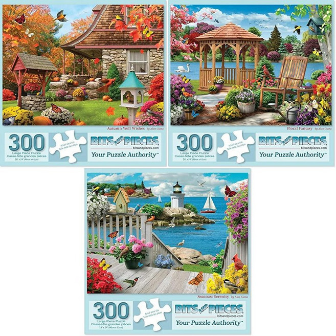 [4] Bits and Pieces 성인용 500피스 직소 퍼즐 3개 밸류 세트 - 아티스트 앨런 지아나의 가을 웰 위시 시코스트 세레니티 플로럴 판타지 직소 퍼즐 완성된, Three 300 Piece Puzzles