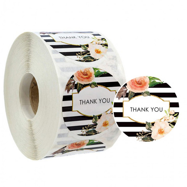 땡큐 블랙줄무늬 플라워 감사 스티커 1롤(500개), 1개, 상세페이지 참조
