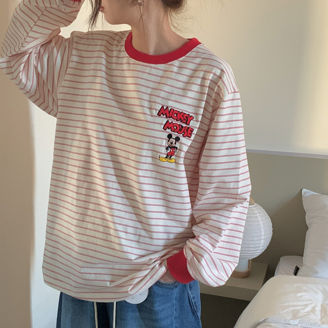 Disney 미키 자수 타로티 디즈니 단가라 배색 미키마우스 자수티 레드 블랙