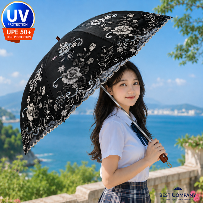 베스트컴퍼니 고급지고 튼튼한 여성 암막 양산 자외선차단 UV차단 레이스 우양산 휴대용 접이식 양산