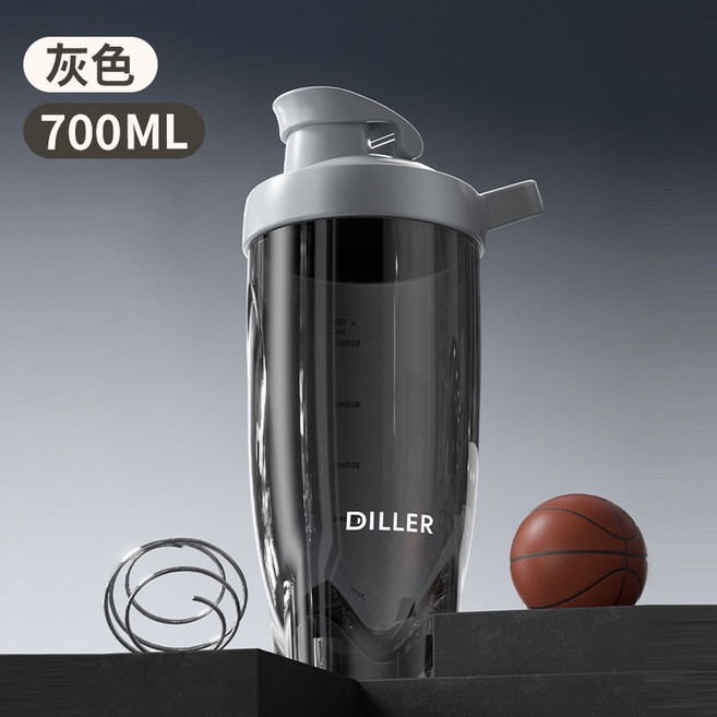 DILLER 運動搖搖杯 TRITAN材質 奶昔杯 304不鏽鋼攪拌球 手提一鍵開蓋水壺, 1個, 灰色 700ml(送304攪拌球）