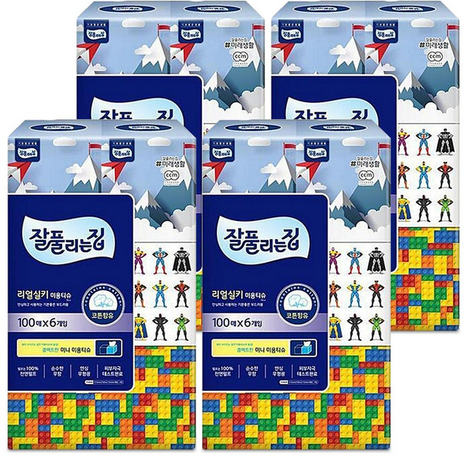 잘풀리는집 리얼실키 천연펄프 미니 정사각 미용티슈, 100매입, 24개