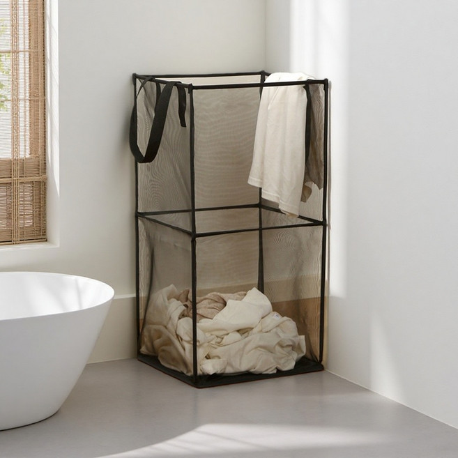 KOEWEI 접이식 대용량 메쉬 빨래바구니 다기능 수납함, 1개, 블랙