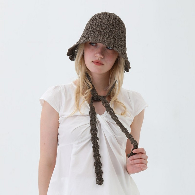 느와드코코 니트짜임 물결챙 리본끈 버킷햇 여성 감성 보넷 모자