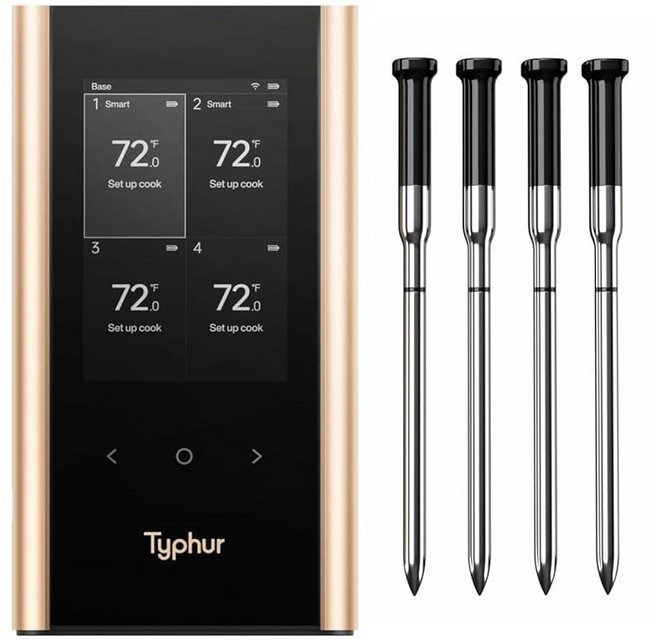 타이푸르 싱크 골드 무선 육류 온도계 | 슬림 프로브 2개 블루투스보다 10배 더 강력한 신호 카마도 그릴 바비큐를 통한 신뢰할 수 있는 판독값 사용하기 쉬운 베이스 남성 아빠, 4 Probes, 1개