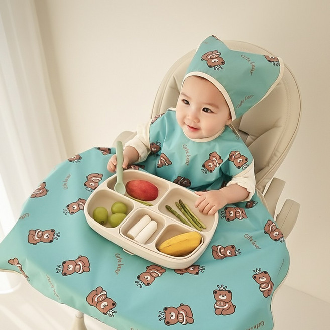 아이레빗 국내생산 유아용 아기 민소매 식탁일체형 자기주도 방수 턱받이 풀커버 나시, 1개, 1개입, 풀커버 나시_곰돌이 민트