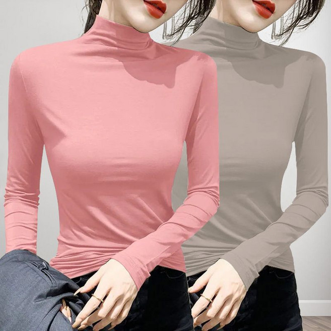 1+1 여자 목폴라티 심플 반폴라 긴팔티 2피스 슬림핏 이너티 상의 봄 가을 여성 긴팔 티셔츠 CJJ