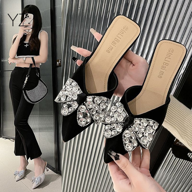 DarjinQD 여성 스틸레토 펌프스 큐빅 리본 샌들 7cm